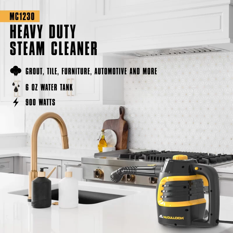 Lifestyle image of a MC1230 heavy duty Handheld Steam cleaner in a clean kitchen. There is black text with supporting icons that call out its features including: Cleaning grout, tile, furniture, automotive and more, a 6oz. water tank, and 900 watts.