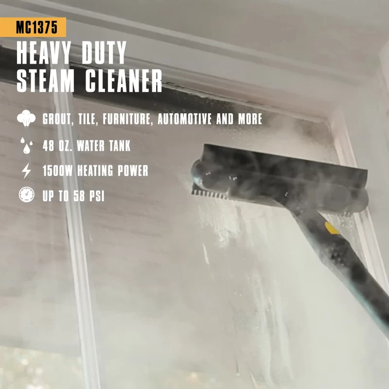Lifestyle image of a MC1375 canister Steam cleaner cleaning a window. There is white text and supporting white icons that says: Grout, tile, furniture, Automotive and more, 48 oz water tank, 1500 heating power, up to 58 psi