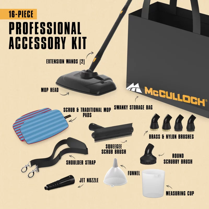 Graphic image of MC1270 Portable Power Steam cleaner's 16-piece professional accessory kit. This image shows a swanky McCulloch storage bag, 2 extension wands, scrub and traditional mop pads, brass and nylon brushes, shoulder strap, jet nozzle, funnel, measuring cup, squeegee scrub brush, and a round scrubby brush.