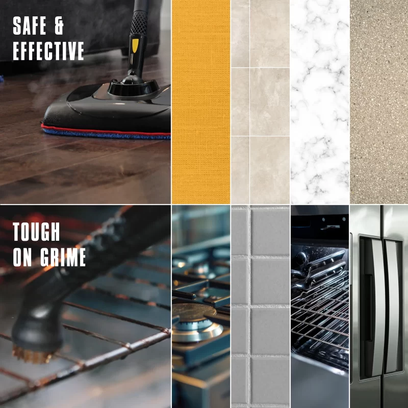 Image showing the multi-surfaces a MC1270 Portable Power Steam cleaner can be used on including furniture fabric, tile, grout, sealed wood flooring, laminate, granite, and appliances. It has the supporting text: Safe & Effective, Tough on Grime.