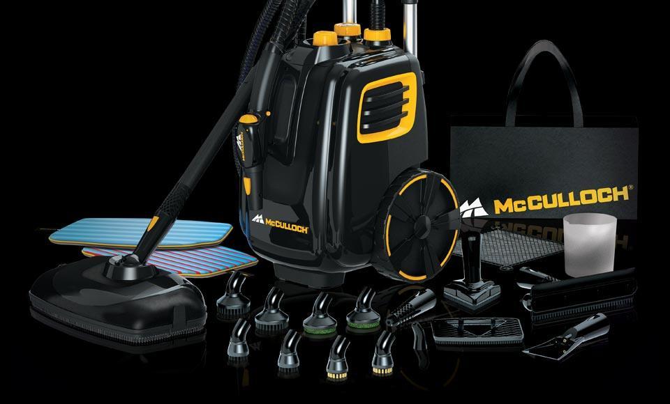 MC1385 Accessories Banner Accessories for McCulloch's MC1385 Deluxe Canister Steam Cleaner on a black background. This includes a mop extension and mop pads, a tote bag, a measuring cup, a mesh net, a scraper, a squeegee, and several brushes.
