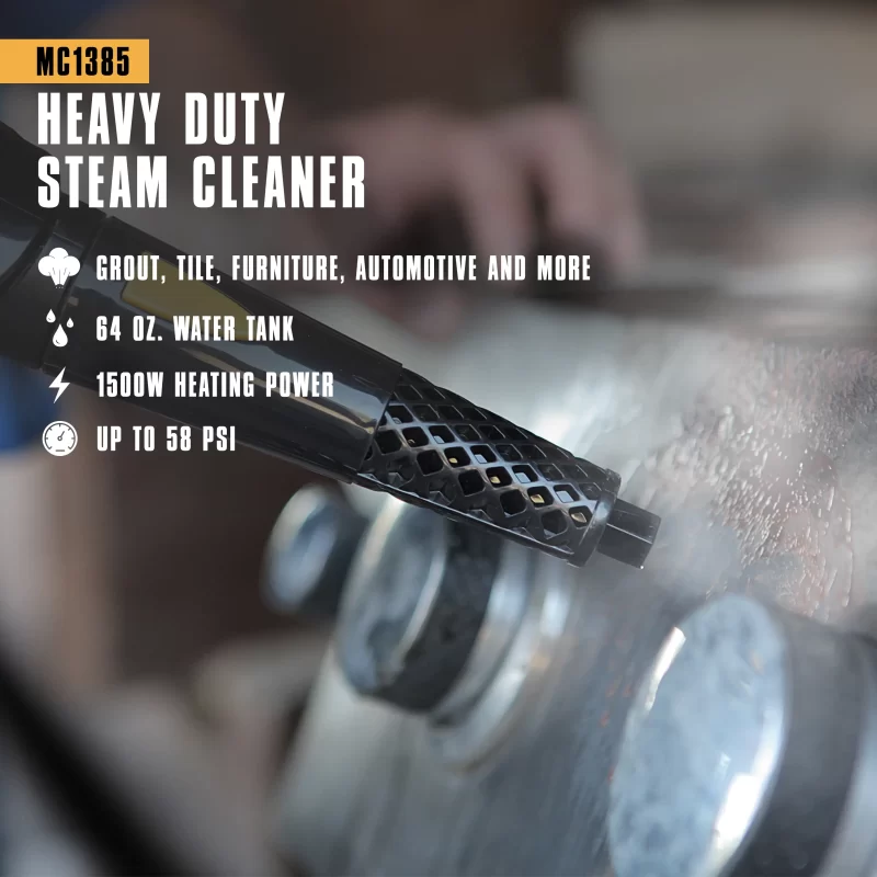 Lifestyle image of a MC1385 deluxe canister Steam cleaner cleaning the knobs on a grill. There is white text and supporting white icons that says: Grout, tile, furniture, Automotive and more, 64 oz water tank, 1500 heating power, up to 58 psi