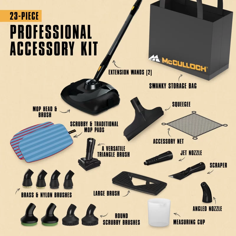 Graphic image of MC1385 Deluxe Canister Steam cleaner's 23-piece professional accessory kit. This image shows a swanky McCulloch storage bag, 2 extension wands, mop head and brush, scrubby and traditional mop pads, a triangle brush, a squeegee, an accessory net, a jet nozzle, a scraper, an angled nozzle, a measuring cup, a large brush, round scrubby bushes and brass and nylon brushes.