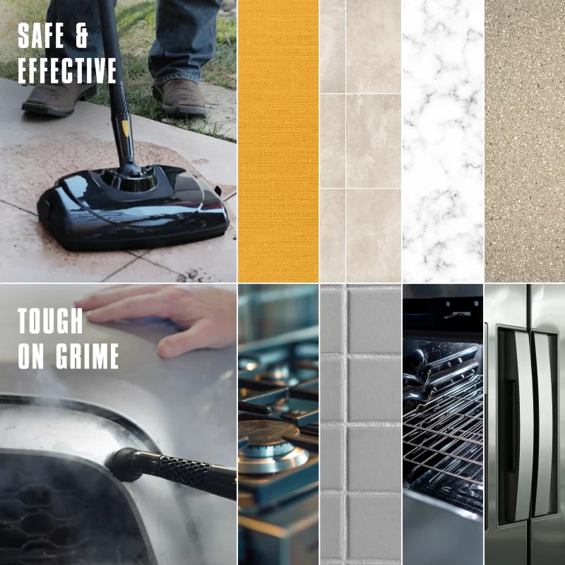 Image showing the multi-surfaces a MC1385 deluxe canister Steam cleaner can be used on including furniture fabric, tile, grout, sealed wood flooring, laminate, granite, and appliances. It has the supporting text: Safe & Effective, Tough on Grime.
