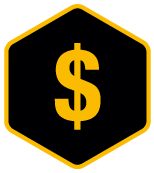 Money Back icon showing an orange dollar sign in a black hexagon